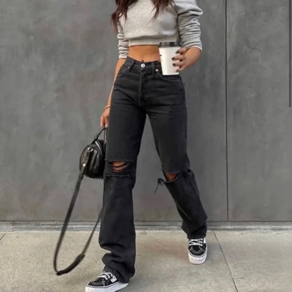 Zara Black Wide Leg Full Length Ripped Jeans